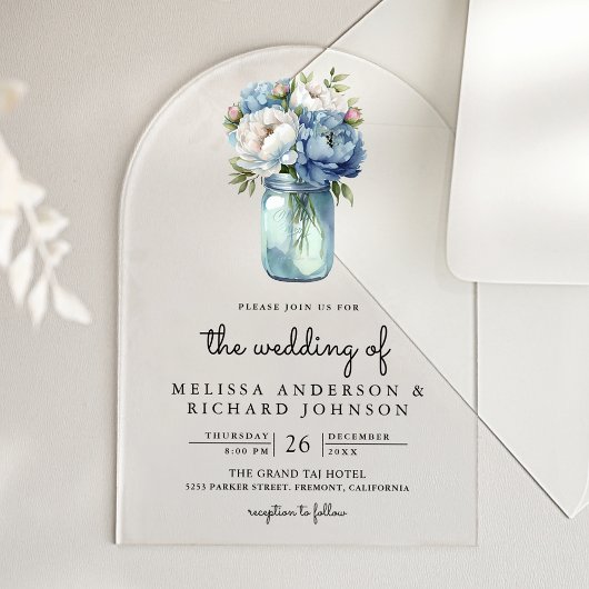 Invitations En Acrylique Blue and White Peony Mason Jar Wedding