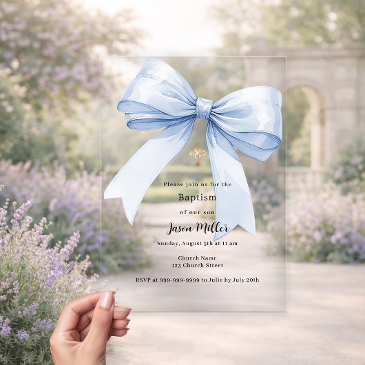 Invitations En Acrylique Blue bow crème garçon Baptême clair