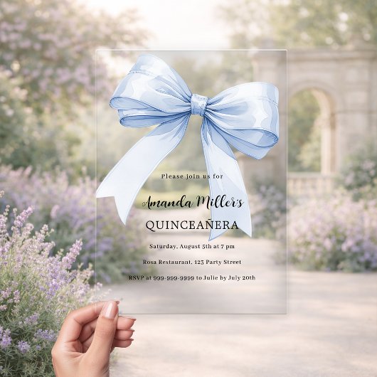 Invitations En Acrylique Blue bow élégant Quinceanera luxe clair