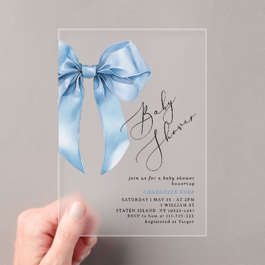 Invitations En Acrylique Blue bow élégante calligraphie Baby Boy douche (In situ (ordinateur de poche))