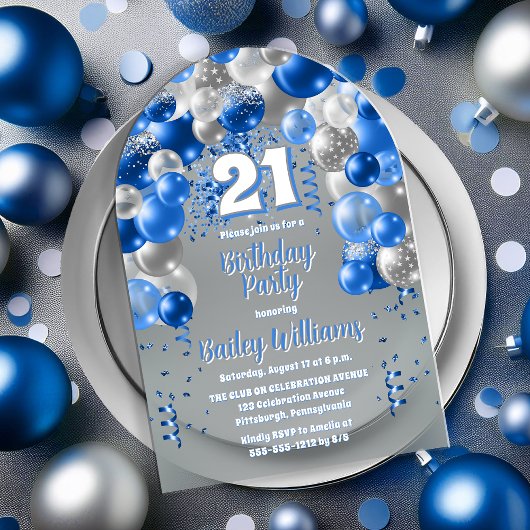 Invitations En Acrylique Blue Celebration Balloons 21e fête d'anniversaire