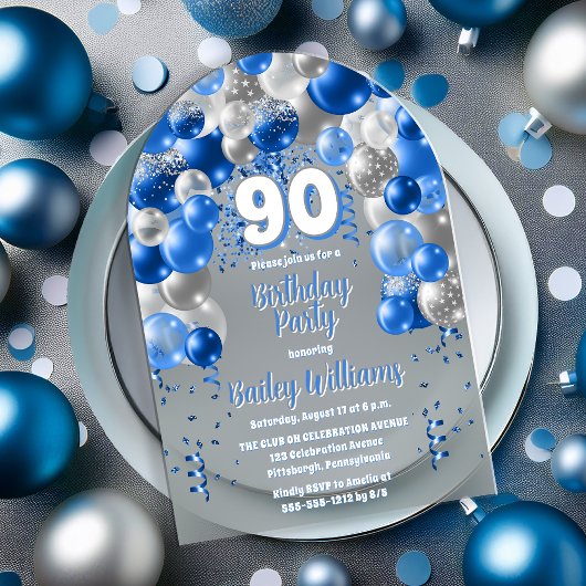 Invitations En Acrylique Blue Celebration Balloons 90e fête d'anniversaire