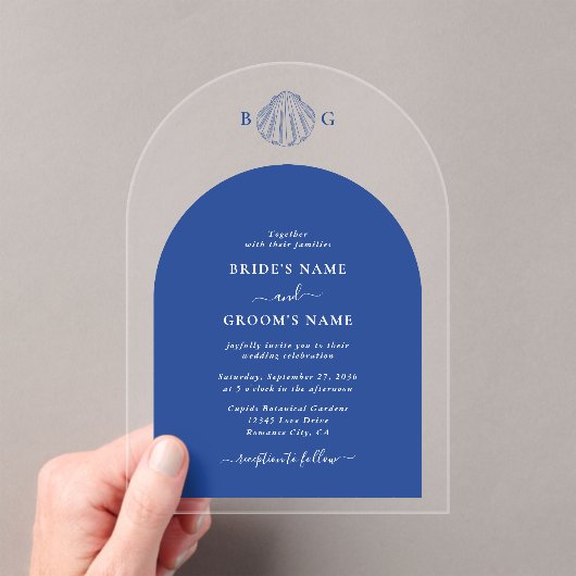 Invitations En Acrylique Blue Clam Seashells Coastal Seaside Beach Wedding (In situ (ordinateur de poche))