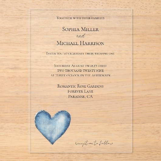 Invitations En Acrylique Blue Denim Jean Heart Wedding (Recto)