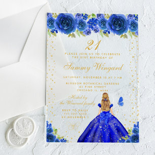 Invitations En Acrylique Blue Floral Blonde Hair Princess Anniversaire