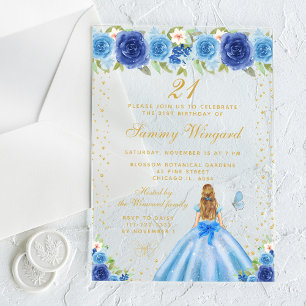 Invitations En Acrylique Blue Floral Blonde Hair Princess Anniversaire