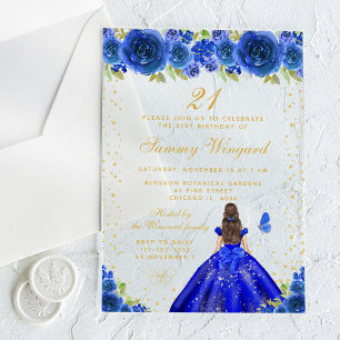 Invitations En Acrylique Blue Floral Brunette Princess Anniversaire