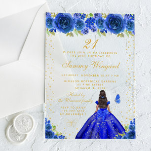 Invitations En Acrylique Blue Floral Dark Skin Princess Anniversaire