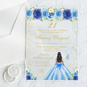 Invitations En Acrylique Blue Floral Dark Skin Princess Anniversaire