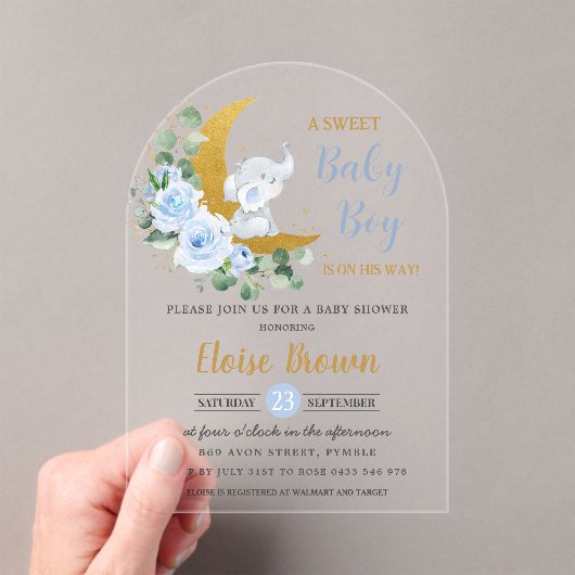 Invitations En Acrylique Blue Floral Elephant Moon Baby Boy Douche Arch (In situ (ordinateur de poche))