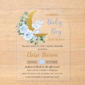 Invitations En Acrylique Blue Floral Elephant Moon Baby Boy Douche Arch (Recto)