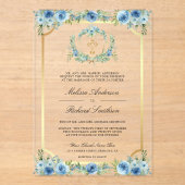 Invitations En Acrylique Blue Floral Gold Catholic Cross Wedding (Recto)