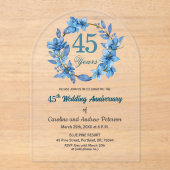 Invitations En Acrylique  Blue Floral Gold Frame 45th Wedding Anniversary  (Recto)