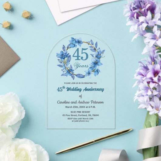 Invitations En Acrylique  Blue Floral Gold Frame 45th Wedding Anniversary  (Insitu (Mariage))