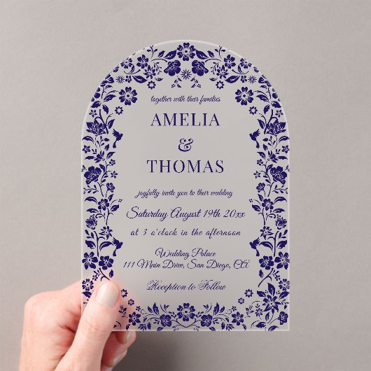 Invitations En Acrylique Blue Folk Art Floral Wedding  (In situ (ordinateur de poche))