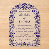 Invitations En Acrylique Blue Folk Art Floral Wedding  (Recto)