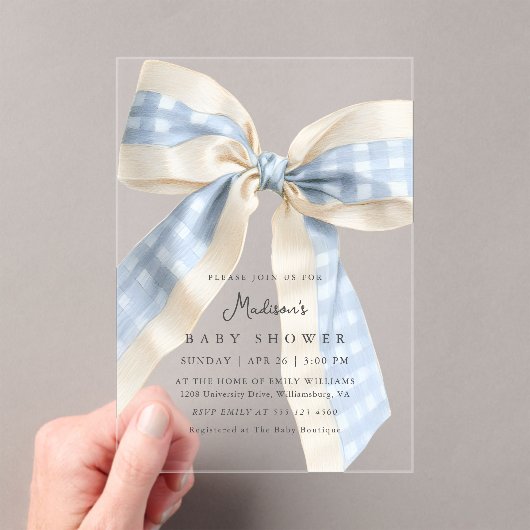 Invitations En Acrylique Blue Gingham Checks Bow Cute Baby Shower (In situ (ordinateur de poche))