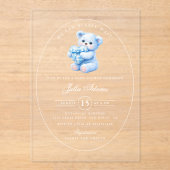 Invitations En Acrylique Blue Gingham Teddy Bear Neutral Baby Shower (Recto)