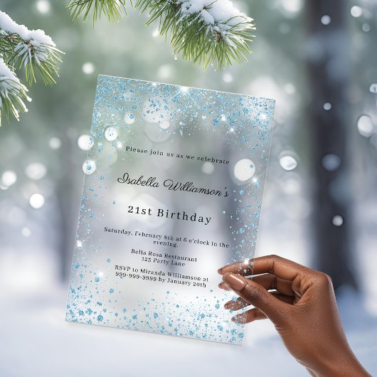 Invitations En Acrylique Blue glitter winter party frosted birthday