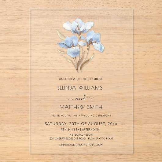 Invitations En Acrylique Blue Gold 3D Flowers  (Recto)