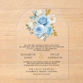 Invitations En Acrylique Blue Gold Ivory Floral Roses Wedding (Recto)