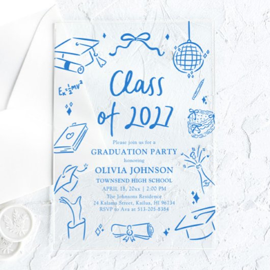 Invitations En Acrylique Blue Hand Drawn Class of 2027 Graduation Party