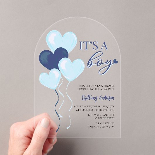 Invitations En Acrylique Blue Heart Valentines C'est un Baby shower garçon (In situ (ordinateur de poche))