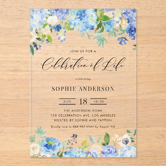 Invitations En Acrylique Blue Hydrangea and Ivory Rose Celebration of Life (Recto)