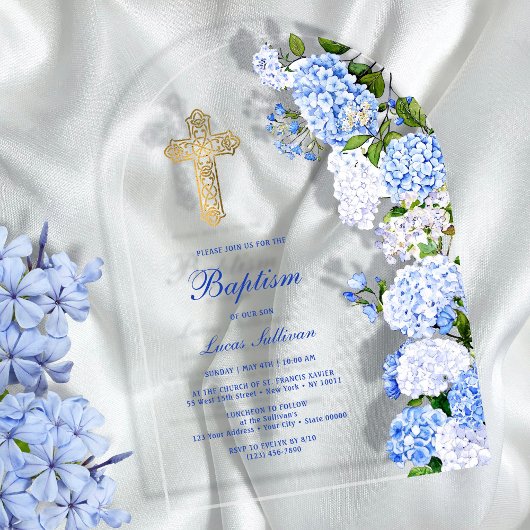 Invitations En Acrylique Blue Hydrangea Arch Baptism