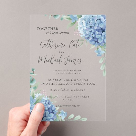Invitations En Acrylique Blue Hydrangea Floral Wedding  (In situ (ordinateur de poche))