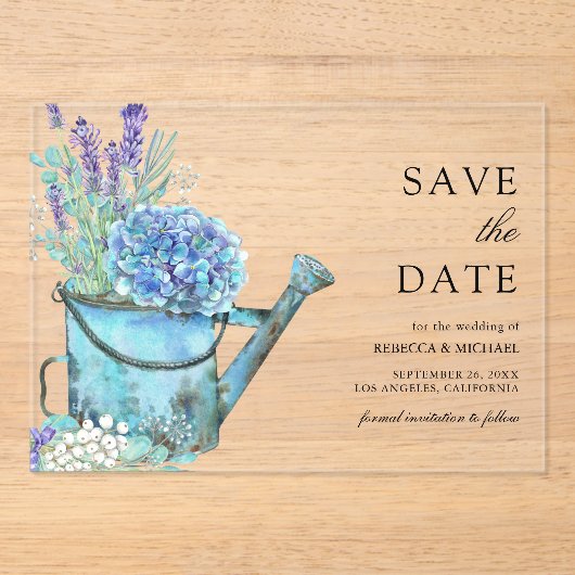 Invitations En Acrylique Blue Hydrangea Lavender Wedding Enregistrer la dat (Recto)