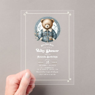 Invitations En Acrylique Blue Jean Baby Denim Teddy Bear Baby shower