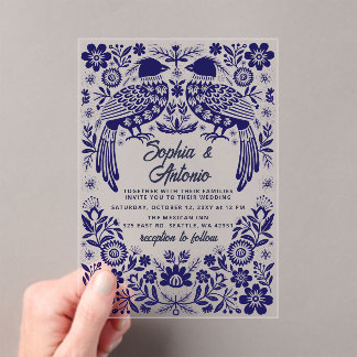 Invitations En Acrylique Blue Mexican Birds Otomi Floral Fiesta Wedding