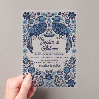 Invitations En Acrylique Blue Mexican Birds Otomi Floral Fiesta Wedding