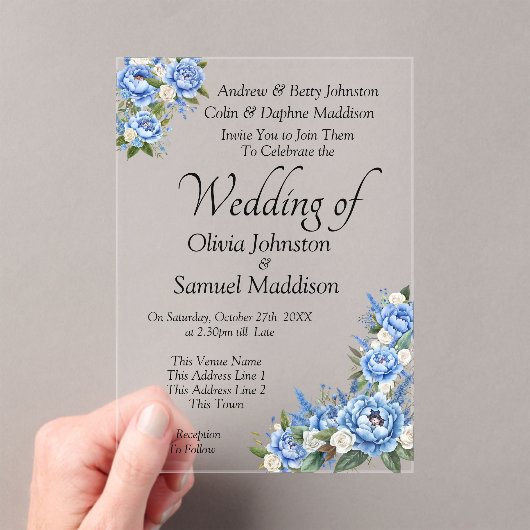 Invitations En Acrylique Blue Peony sur Blue Mariage Suite (In situ (ordinateur de poche))