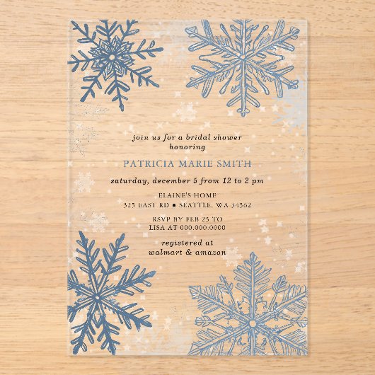 Invitations En Acrylique Blue Snowflakes Noël Fête des mariées d'hiver (Recto)