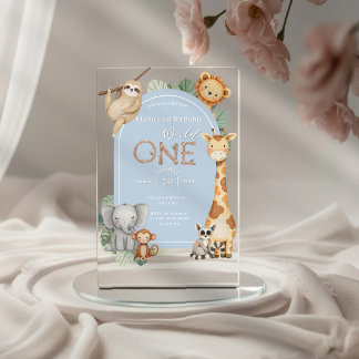 Invitations En Acrylique Blue Tropical Wild One Jungle Safari Animaux