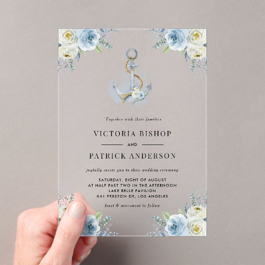 Invitations En Acrylique Blue Watercolor Floral Anchor Coastal Wedding (In situ (ordinateur de poche))