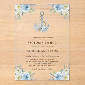 Invitations En Acrylique Blue Watercolor Floral Anchor Coastal Wedding (Recto)
