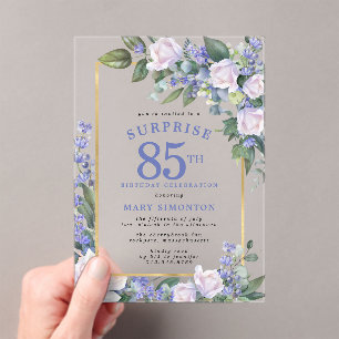 Invitations En Acrylique Blue White Floral 85e anniversaire Surprise Party