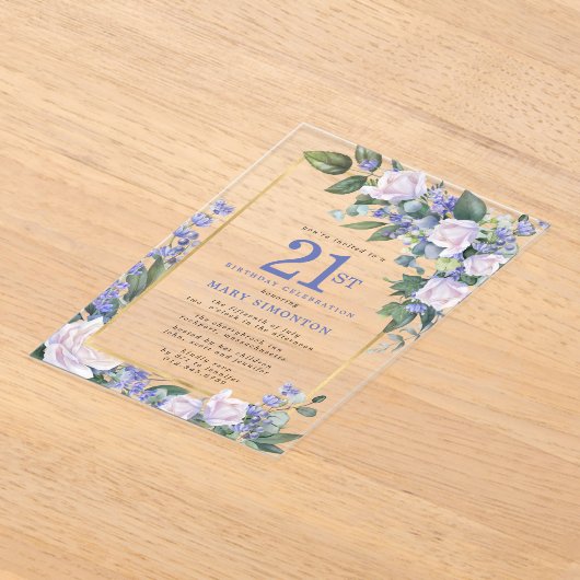 Invitations En Acrylique Blue White Gold Floral 21e anniversaire (Poser)