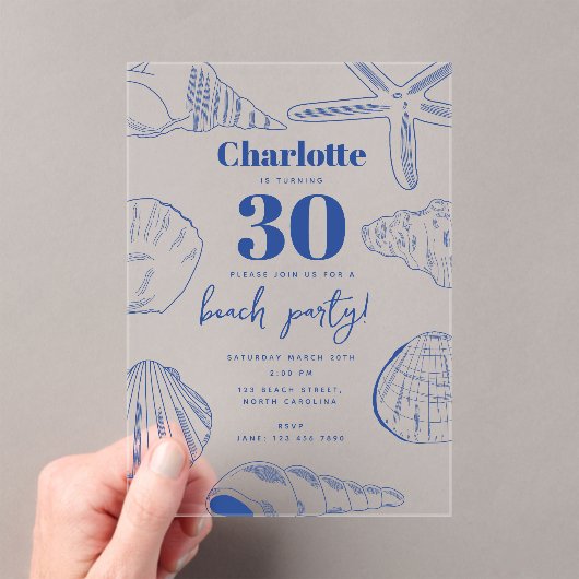 Invitations En Acrylique Blue White Sea Shells Beach Summer Anniversaire (In situ (ordinateur de poche))