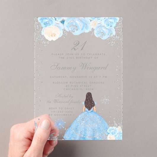 Invitations En Acrylique Blue Winter Brunette Hair Princesse Anniversaire (In situ (ordinateur de poche))