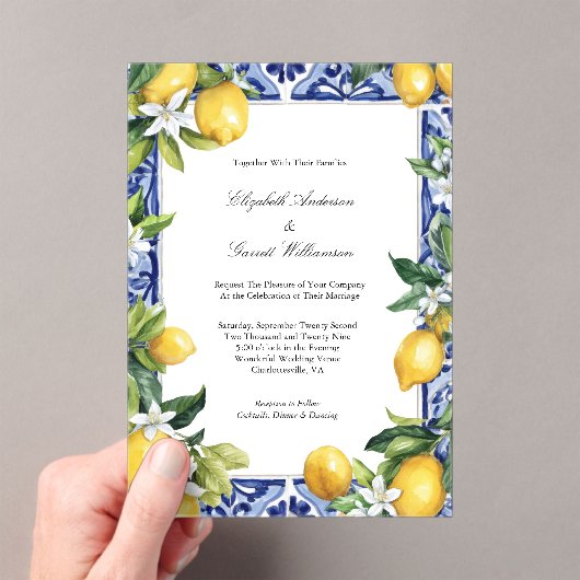 Invitations En Acrylique Blue Yellow Lemon Mediterranean Tile Wedding (In situ (ordinateur de poche))