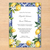 Invitations En Acrylique Blue Yellow Lemon Mediterranean Tile Wedding (Recto)