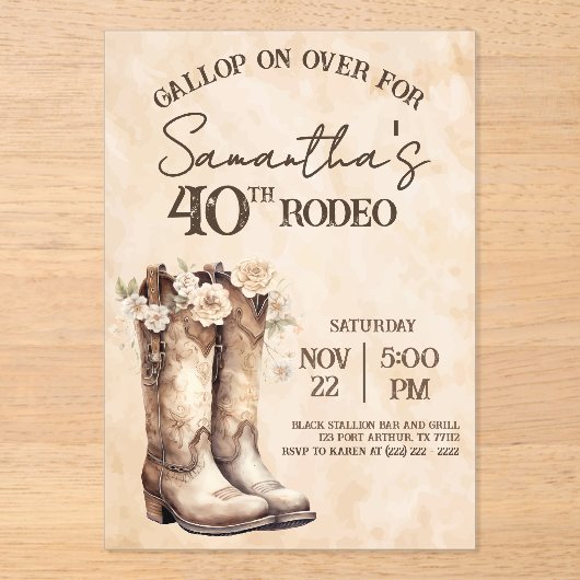 Invitations En Acrylique Blush and Boots 40th Rodeo Western Birthday (Recto)