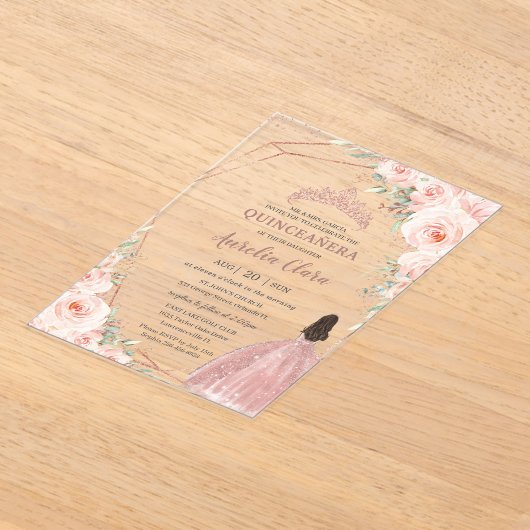 Invitations En Acrylique Blush Chic Fleur Rose Gold Quinceañera Princesse (Poser)