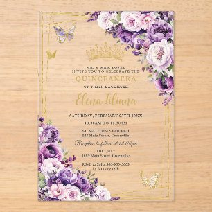 Invitations En Acrylique Blush de Lilas Violet Fleurs Quinceanera Acrylique