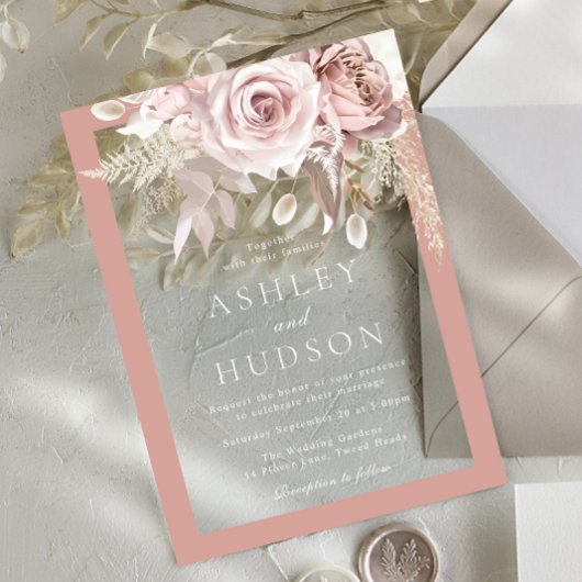 Invitations En Acrylique Blush & Dusty Rose Border Floral Wedding 
