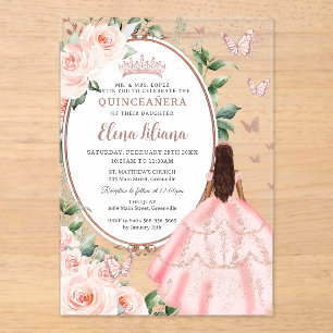 Invitations En Acrylique Blush Floral Brown Princess Rose Gold Quinceañera